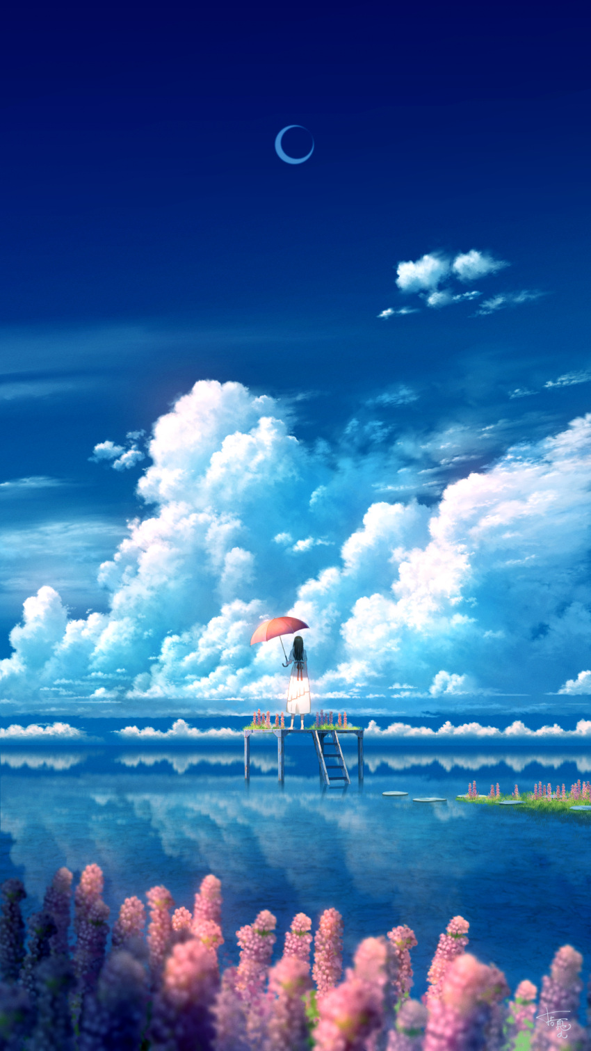 1girl black_hair blue_sky cloud crescent_moon day dress highres holding holding_umbrella horizon moon ocean original outdoors reflection reflective_water scenery shuu_illust sky solo umbrella white_dress