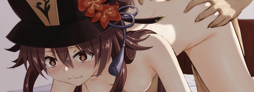 1boy 1girl absurdres ass_grab back black_headwear blush breasts brown_hair closed_mouth commentary_request completely_nude doggystyle eyelashes flower-shaped_pupils genshin_impact grabbing grabbing_another's_ass grabbing_from_behind groping hair_between_eyes hair_over_shoulder hetero highres hu_tao_(genshin_impact) indoors long_hair nose_blush nude on_bed out-of-frame_censoring paid_reward_available red_eyes sex sex_from_behind sidelocks sirokohi small_breasts smile solo_focus symbol-shaped_pupils thighs top-down_bottom-up wavy_mouth