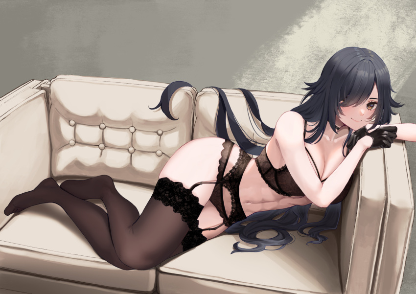 1girl abs bare_shoulders black_bra black_gloves black_hair black_panties blush bra breasts brown_eyes cleavage collarbone couch garter_belt garter_straps gloves hair_over_one_eye highres lace lace_trim large_breasts lingerie long_eyelashes long_hair looking_at_viewer lounging navel original panties ramachiru sera_(judgemint) smile solo thighhighs underwear very_long_hair