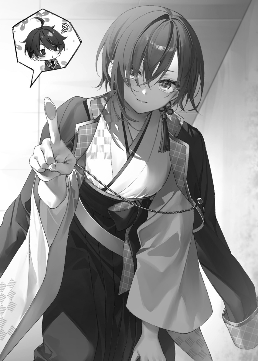 1boy 1girl chibi greyscale highres japanese_clothes kimono leonis_death_magnus monochrome necktie non-web_source official_art pointing pointing_at_viewer sakuya_sieglinde seiken_gakuin_no_maken_tsukai short_hair toosaka_asagi uniform