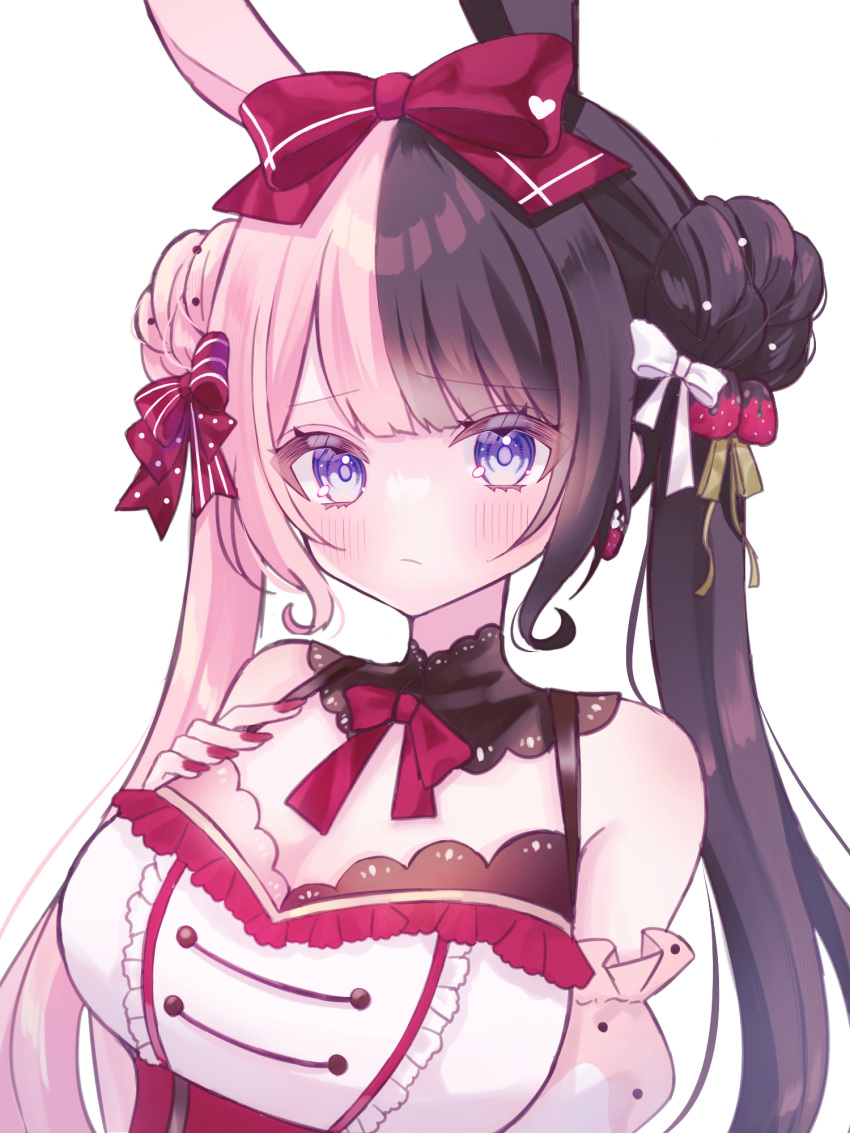 1girl blue_eyes blush bow breasts brown_hair cleavage corset detached_sleeves double_bun food-themed_hair_ornament frown hair_bow hair_bun hair_ornament hand_on_own_chest highres hoshizaki_nagi iris_black_games long_hair looking_at_viewer medium_breasts multicolored_hair nail_polish pink_hair portrait red_bow red_corset red_nails simple_background solo split-color_hair strawberry_hair_ornament tachibana_hinano_(vtuber) twintails two-tone_hair virtual_youtuber vspo! white_background white_bow