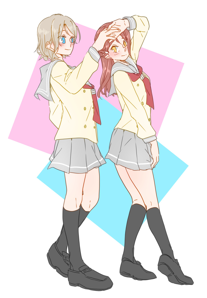 2girls absurdres black_footwear black_socks blue_eyes blush brown_hair closed_mouth commentary_request couple full_body grey_sailor_collar grey_skirt hair_ornament hairclip half_updo highres holding_hands kashikaze kneehighs loafers long_hair long_sleeves love_live! love_live!_sunshine!! multiple_girls neckerchief pleated_skirt red_hair red_neckerchief sailor_collar sakurauchi_riko school_uniform serafuku shirt shoes short_hair sidelocks single_sidelock skirt skirt_hold smile socks uranohoshi_school_uniform watanabe_you white_background white_shirt yellow_eyes yuri