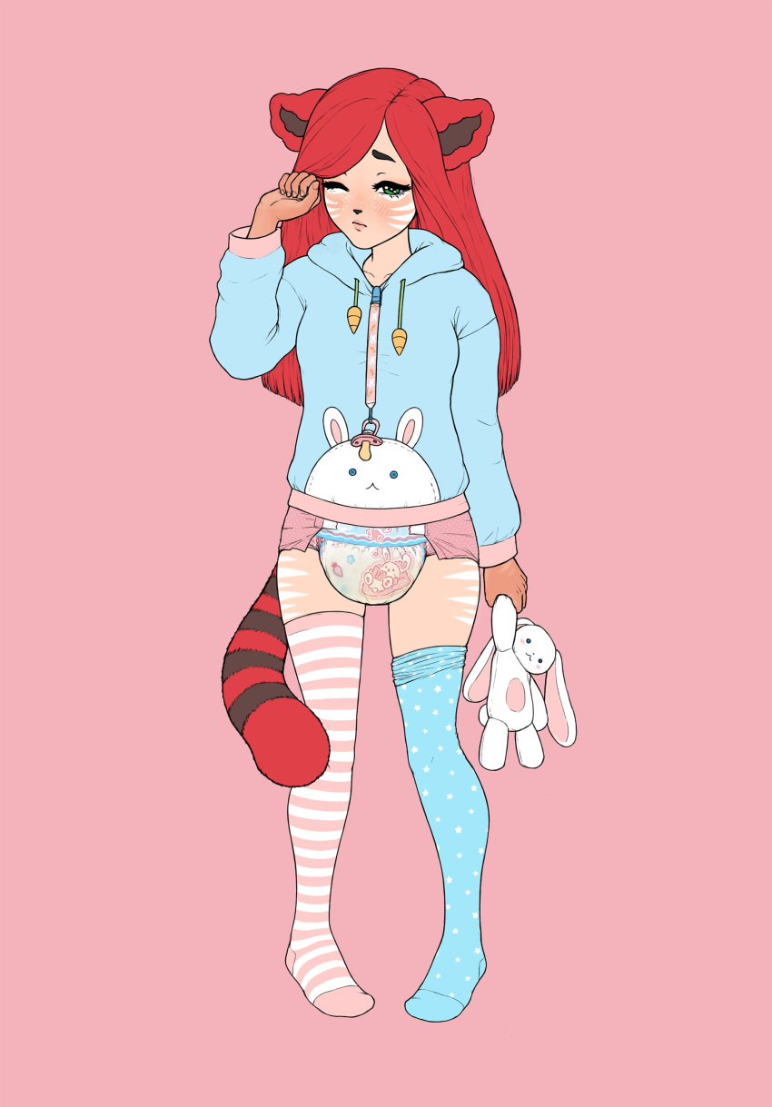 absurd_res abuniverse ailurid animal_humanoid blush bodily_fluids bunnyhopps clothing diaper embarrassed female floofnfluff freckles frown fur genital_fluids green_eyes hair hi_res holding_object holding_plushie hoodie humanoid infantilism legwear mammal markings mismatched_socks one_eye_closed pacifier pacifier_clip plushie red_body red_fur red_hair red_panda solo stockings striped_body striped_markings striped_tail stripes tail tail_markings thigh_highs tired topwear urine wet_diaper wetting white_body white_skin