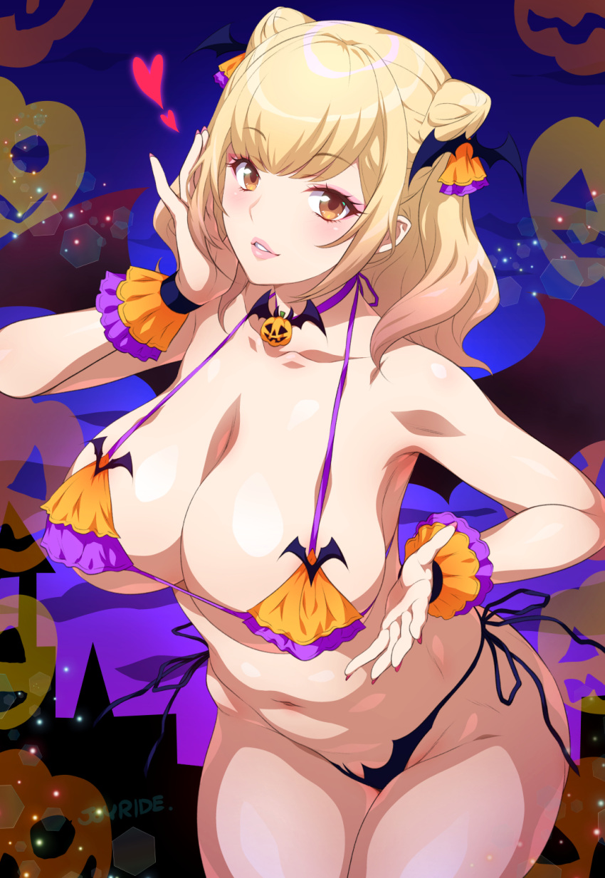 1girl bare_shoulders bikini blonde_hair blush bow breasts brown_eyes choker cleavage collarbone commentary_request cowboy_shot curvy double_bun groin hair_bow hair_bun hair_ornament halloween halterneck heart highres jack-o'-lantern jewelry joy_ride large_breasts lips long_hair looking_at_viewer micro_bikini nail_polish navel open_mouth original partial_commentary ribbon sidelocks smile solo standing stomach string_bikini swimsuit thick_thighs thighs wide_hips