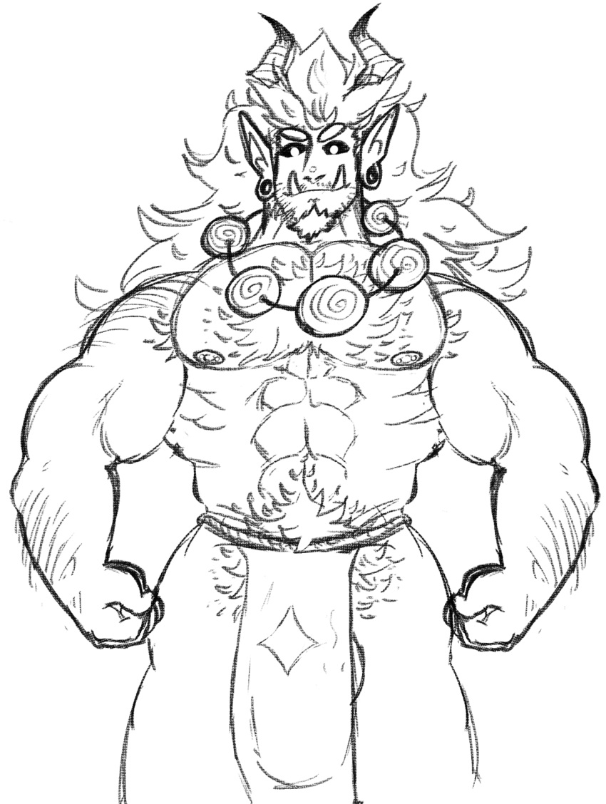 abs anthro armpit_hair asian_mythology big_muscles big_pecs black_sclera body_hair bottomwear bulge chest_fur chest_hair chest_tuft clothing demon ear_piercing east_asian_mythology eyebrows facial_hair facial_tuft flexing_both_biceps flufflion hair hairy hairy_arms hi_res horn humanoid humanoid_pointy_ears japanese_mythology jewelry loincloth looking_at_viewer male mane muscular mythology necklace nipple_piercing nipples oni pecs piercing pubes pupils serces_(diicedd) sharp_teeth sketch sketchy solo teeth thick_eyebrows tuft tusks white_pupils yokai