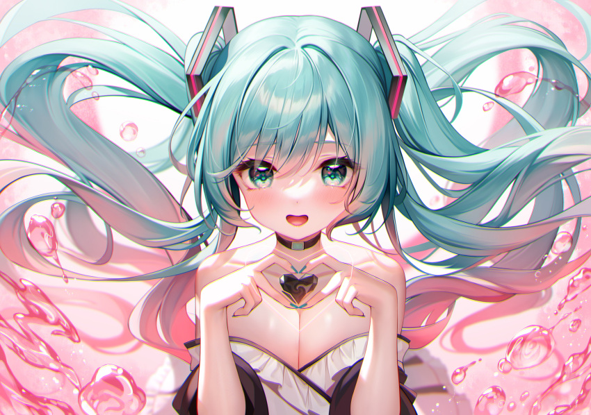 1girl :d bare_shoulders black_choker black_gemstone blue_eyes blue_hair blue_nails blush breasts choker cleavage commentary floating_hair hair_ornament hatsune_miku heart heart-shaped_gem heart_hands highres long_hair looking_at_viewer meion miku_day smile solo twintails upper_body vocaloid