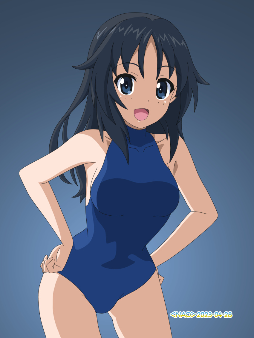 1girl artist_name blue_background blue_eyes blue_hair blue_one-piece_swimsuit commentary cowboy_shot dated eyes_visible_through_hair freckles girls_und_panzer halterneck hands_on_own_hips highres leaning_forward long_hair looking_at_viewer naotosi one-piece_swimsuit open_mouth school_swimsuit smile solo swimsuit yamagou_ayumi