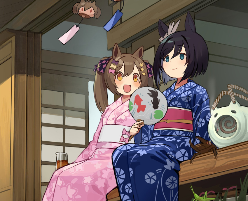 2girls alternate_costume animal_ears black_hair blue_kimono blush brown_hair closed_mouth cricket cup eishin_flash_(umamusume) floral_print green_eyes hand_fan highres holding holding_fan horse_ears japanese_clothes kayari_buta kimono kogomiza long_sleeves looking_at_another mosquito_coil multiple_girls obi open_mouth orange_eyes paper_fan pink_kimono sandals sandals_removed sash short_hair sitting sliding_doors smart_falcon_(umamusume) smile stag_beetle twintails uchiwa umamusume veranda wind_chime