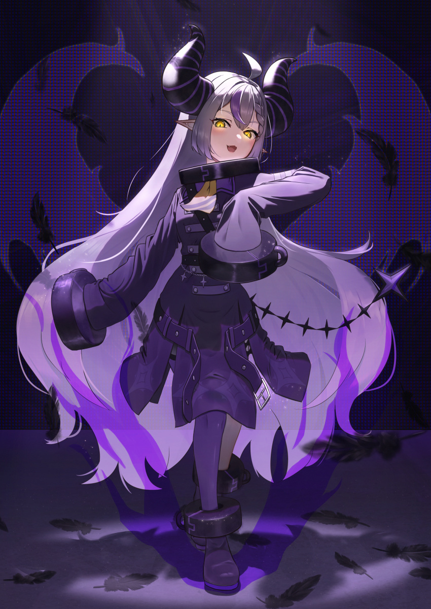 absurdres ahoge ankle_cuffs ascot aura bell black_horns braid braided_bangs coat collar fang feathers grey_hair highres hololive horns la+_darknesss la+_darknesss_(1st_costume) lerk_puzz metal_collar multicolored_hair pointy_ears purple_coat purple_hair purple_thighhighs sleeves_past_fingers sleeves_past_wrists standing streaked_hair striped_horns thighhighs virtual_youtuber yellow_ascot yellow_eyes