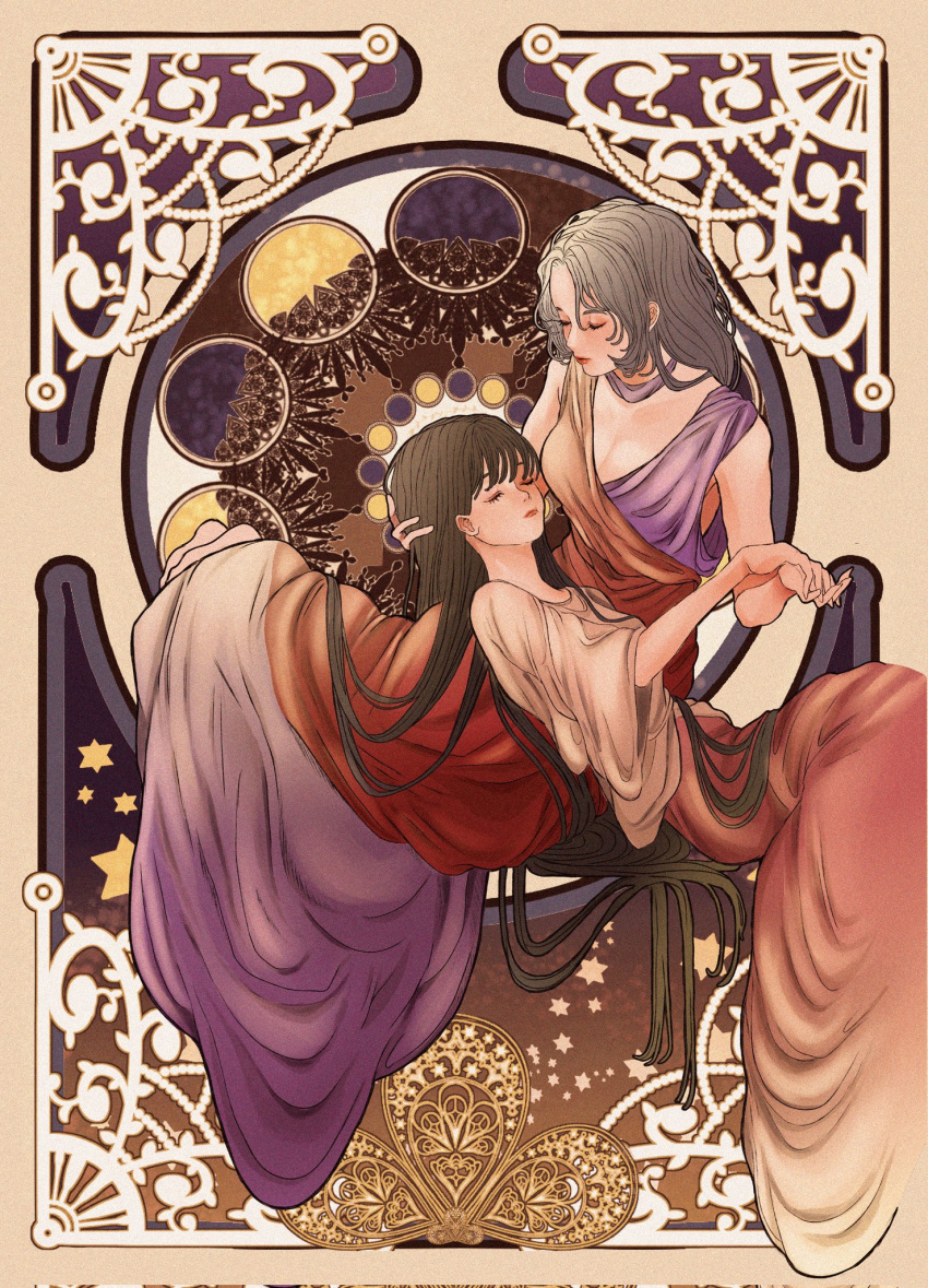 2girls art_nouveau black_hair closed_eyes couple dress grey_hair highres hime_cut holding_hands houraisan_kaguya interlocked_fingers long_hair moon moon_phases multicolored_clothes multicolored_dress multiple_girls oi_yoi_0 pink_shirt shirt touhou very_long_hair yagokoro_eirin