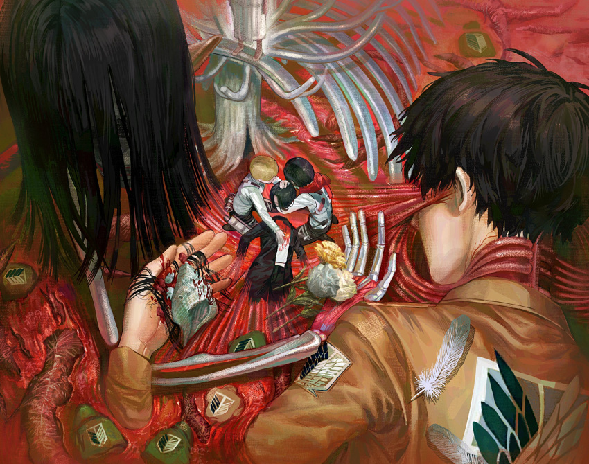 2girls 4boys ankle_lace-up armin_arlert black_hair black_jacket black_pants blonde_hair blood blood_on_clothes brown_jacket commentary corpse covered_eyes dress english_commentary entrails eren_yeager exposed_muscle feathers founding_titan from_above giant giant_skeleton highres holding holding_head ikuta41 intestines jacket kneeling long_hair lying mikasa_ackerman multiple_boys multiple_girls multiple_persona on_back on_stomach organs out_of_frame pants paradis_military_uniform partially_submerged pointy_ears pool_of_blood print_jacket red_scarf scarf seashell severed_head shell shingeki_no_kyojin shirt shoes short_hair size_difference spoilers standing titan_(shingeki_no_kyojin) tooth tree veins white_dress white_footwear white_shirt wing_print ymir_fritz