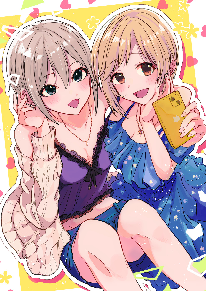 2girls absurdres aiba_yumi blonde_hair blue_dress blush breasts cardigan cellphone cleavage collarbone dress grey_cardigan grey_hair hair_between_eyes hand_on_own_cheek hand_on_own_face heart heart_background highres holding holding_phone idolmaster idolmaster_cinderella_girls imakooo5 medium_breasts multiple_girls outline phone shiomi_syuko short_hair smile white_outline