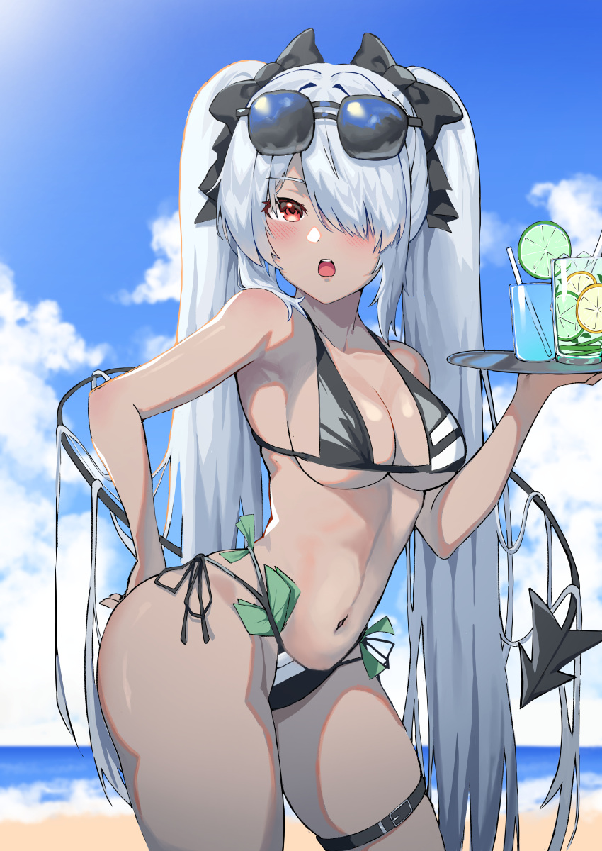 1girl absurdres arm_behind_back bare_arms bare_shoulders beach belt bikini black_bikini black_bow blue_archive blue_sky blurry blurry_background bow breasts cloud cloudy_sky contrapposto cowboy_shot cup dark-skinned_female dark_skin day demon_tail drinking_glass eyewear_on_head fuyoko grey_hair hair_bow hair_over_one_eye halo highres holding holding_tray horizon iori_(blue_archive) iori_(swimsuit)_(blue_archive) long_hair looking_at_viewer medium_breasts money multi-strapped_bikini navel ocean one_eye_covered open_mouth outdoors pointy_ears red_eyes side-tie_bikini_bottom sky solo stomach string_bikini sunglasses sunlight swimsuit tail teeth thigh_belt thigh_strap tray tucked_money twintails upper_teeth_only very_long_hair