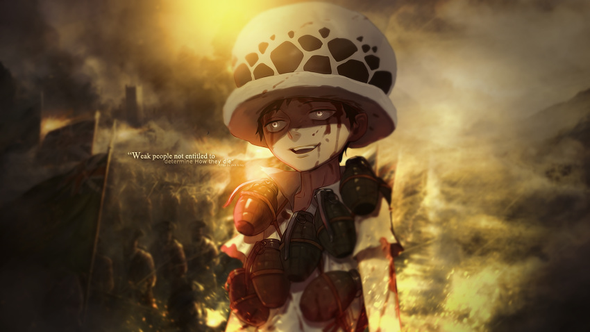 1boy aged_down black_hair blood blood_on_face child english_text explosive fur_hat grenade hat highres holding holding_grenade one_piece open_mouth redeye27 short_hair short_sleeves smile solo teeth trafalgar_law yellow_eyes