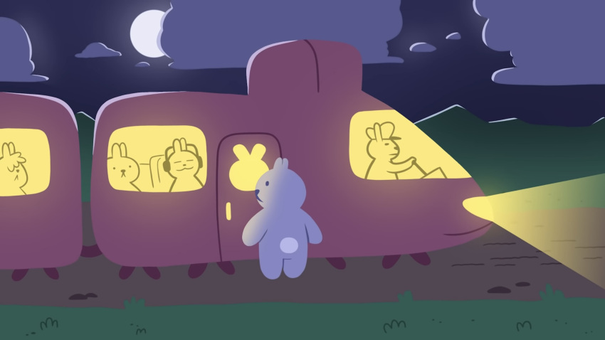 ambiguous_gender anthro chibi detailed_background drawfee drawfee_(copyright) group headphones hi_res hybrid jacob_andrews lagomorph leporid lineless living_machine living_vehicle machine mammal rabbit scut_tail short_tail tail train vehicle window