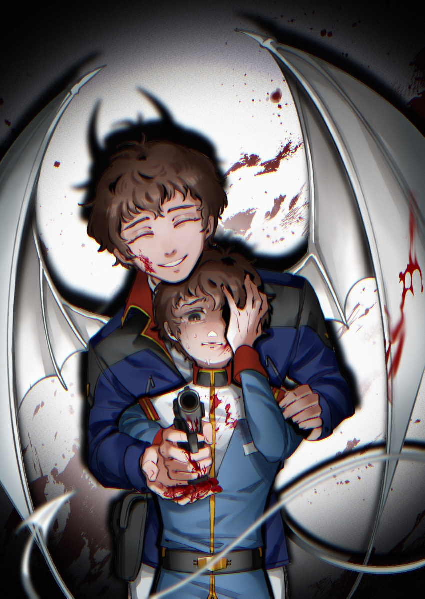 2boys amuro_ray behind_another belt black_belt blood blood_on_clothes blood_on_face blood_on_hands blood_splatter bloody_wings blue_eyes blue_jacket brown_hair char's_counterattack chinese_commentary closed_eyes commentary_request crying crying_with_eyes_open demon_horns demon_tail demon_wings different_shadow dual_persona eclipseb041117 facing_viewer grin gun gundam hand_up handgun highres holding holding_gun holding_weapon holster horns jacket long_sleeves male_focus military_jacket mobile_suit_gundam multiple_boys one_eye_covered pointing pointing_at_viewer short_hair smile tail tears time_paradox weapon white_tail white_wings wings