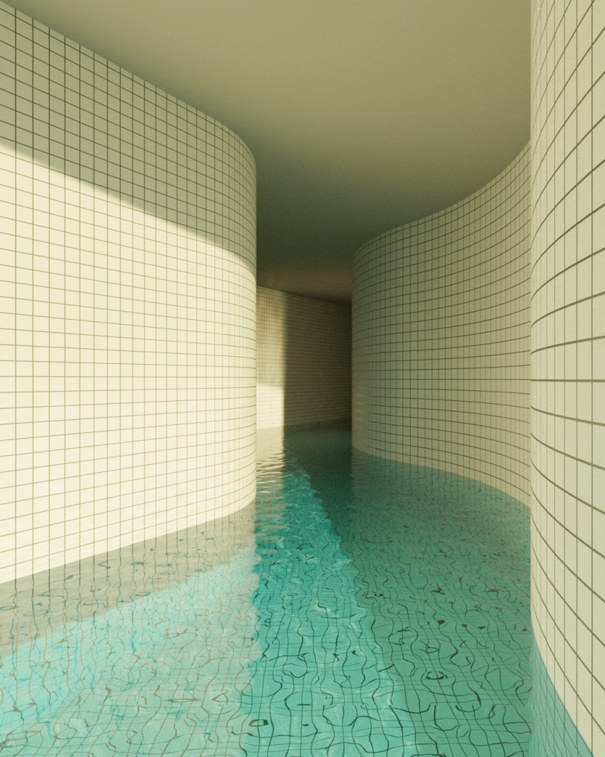 backrooms_(creepypasta) ceiling dream_pool hallway highres immersed indoors jaredpike no_humans original partially_submerged pool reflection reflective_water scenery submerged tile_ceiling tile_floor tile_wall tiles water
