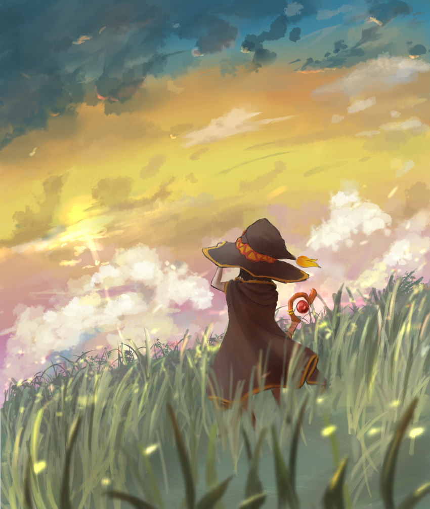 1girl absurdres black_cape black_headwear blue_sky brown_hair cape cloud cloudy_sky commentary dutch_angle facing_away from_behind full_body gradient_sky grass hand_on_headwear hand_up hat highres holding holding_staff kono_subarashii_sekai_ni_shukufuku_wo! megumin naaga_(pontania123) outdoors pink_sky scenery sky solo staff standing sunset tall_grass wind witch_hat yellow_sky