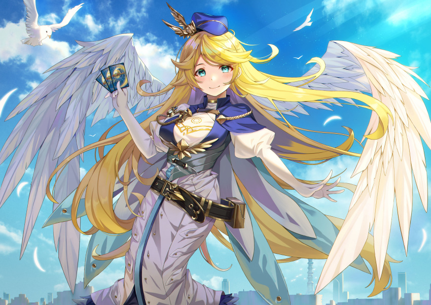 1girl absurdres angel_wings belt bird blonde_hair breasts calder_(pixiv3698273) card dress duel_masters duel_masters_play's elbow_gloves elena_(duel_masters) feathered_wings gloves green_eyes highres holding holding_card juliet_sleeves large_breasts long_hair long_sleeves outdoors puffy_sleeves sky solo sunlight wings