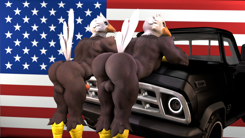 3d_(artwork) accipitrid accipitriform anthro avian bald_eagle balls big_butt bird bird_(petruz) bubble_butt butt digital_media_(artwork) duo eagle erection feathers flag genitals hi_res kyleroo looking_at_viewer male muscular muscular_male nude penis petruz_(copyright) presenting presenting_hindquarters sea_eagle smile source_filmmaker stars_and_stripes truck_(vehicle) united_states_of_america vehicle