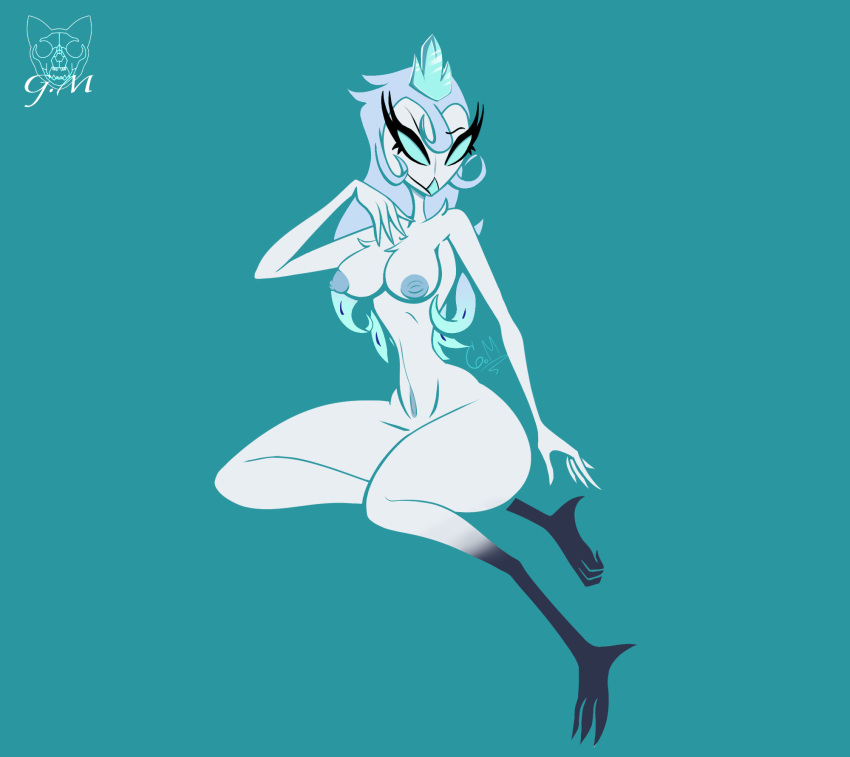 andrealphus_(helluva_boss) anthro areola avian beak bird blue_background blue_hair breasts claws crossgender feathers gatojack3 hair helluva_boss hi_res nipples nude owl owl_demon seductive short_hair simple_background sitting skinny_female small_waist smile solo thick_thighs wasp_waist white_body white_feathers