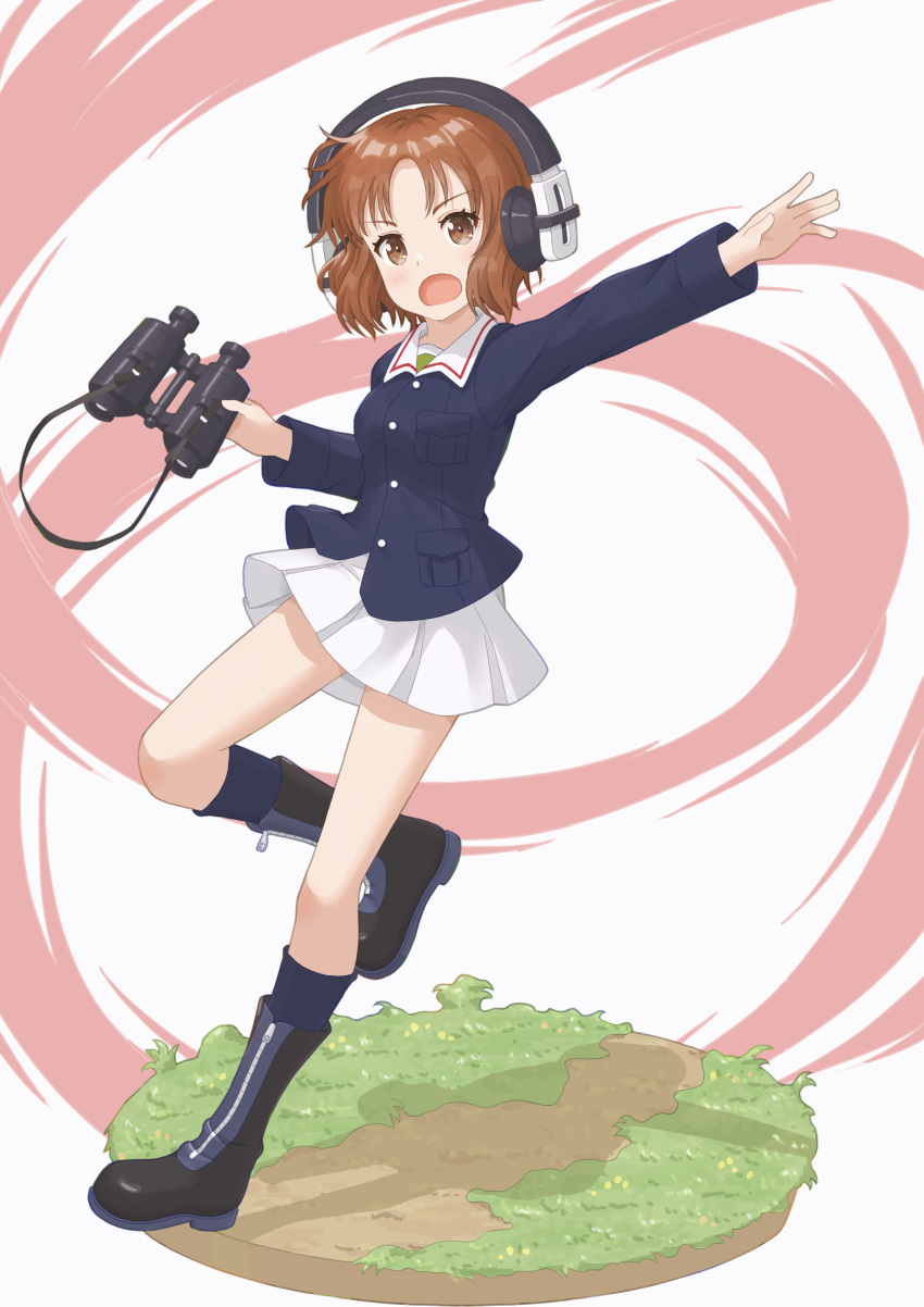 1girl :o absurdres binoculars black_footwear blue_jacket blue_socks boots brown_eyes brown_hair full_body girls_und_panzer green_shirt headphones highres holding holding_binoculars jacket leg_up long_sleeves looking_at_viewer miniskirt nishizumi_miho ooarai_military_uniform pleated_skirt qgkmn541 shirt short_hair skirt socks solo white_skirt