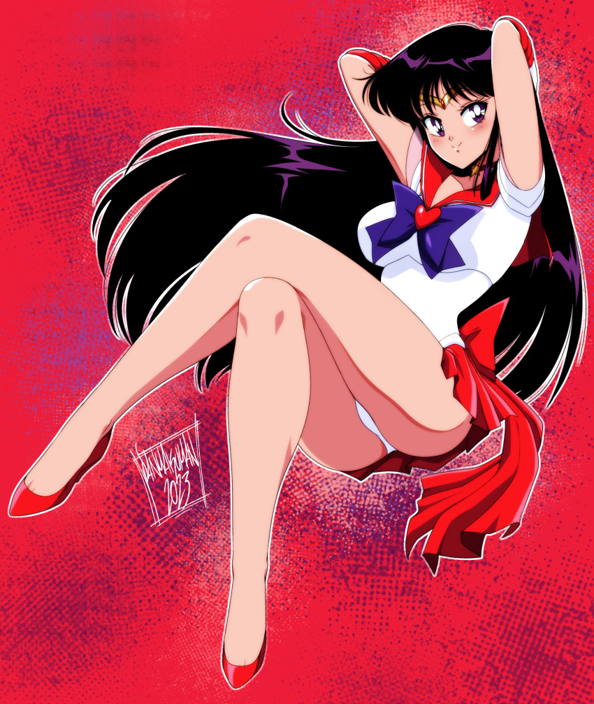 1girl back_bow bare_legs bishoujo_senshi_sailor_moon black_hair bow bowtie breasts brooch choker circlet danmakuman earrings elbow_gloves gem gloves heart heart_brooch high_heels highres hino_rei jewelry legs leotard long_hair medium_breasts miniskirt pleated_skirt purple_bow purple_bowtie purple_eyes red_background red_bow red_choker red_footwear red_gemstone red_sailor_collar red_skirt sailor_collar sailor_mars short_sleeves skirt solo star_(symbol) star_earrings white_gloves white_leotard