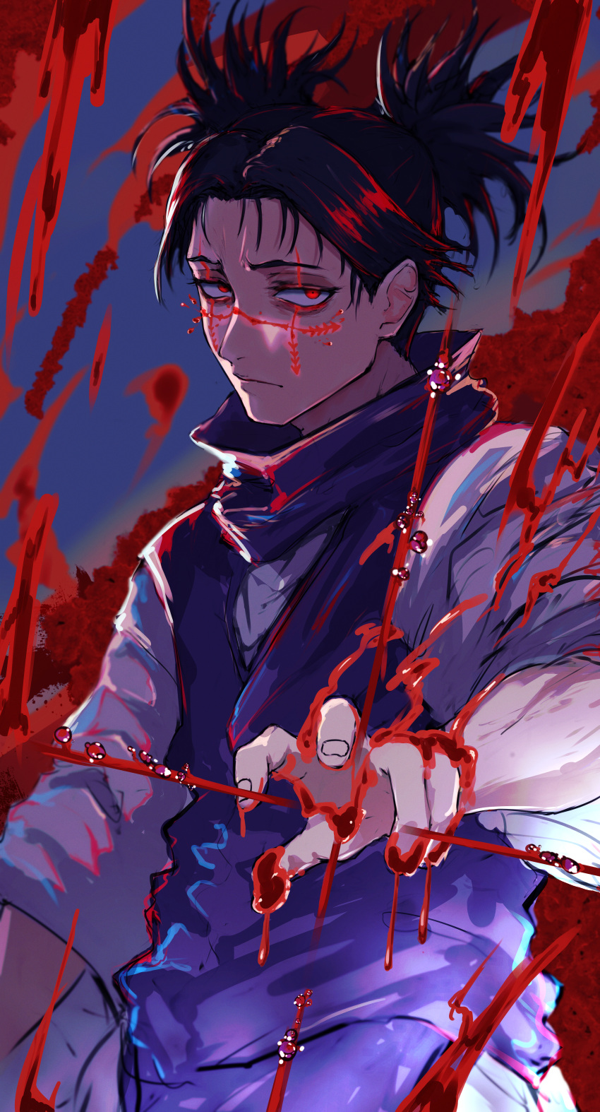 1boy absurdres black_hair black_scarf blood blood_on_face choso_(jujutsu_kaisen) closed_mouth commentary_request glowing glowing_eyes highres japanese_clothes jujutsu_kaisen kimono looking_at_viewer red_eyes robe scar scar_across_eye scarf short_hair short_twintails solo twintails upper_body white_kimono white_robe yuu_(primenumber7)