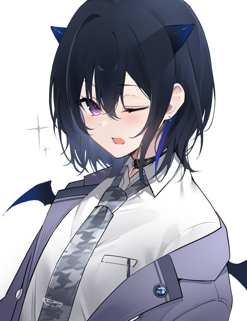 1girl absurdres black_collar black_hair blazer blue_hair blue_horns blue_wings collar collared_shirt demon_girl demon_horns demon_wings dress_shirt earrings grey_jacket grey_necktie hair_between_eyes highres horns houndstooth ichinose_uruha jacket jewelry long_sleeves looking_at_viewer mini_wings multicolored_hair necktie off_shoulder one_eye_closed open_clothes open_jacket open_mouth purple_eyes school_uniform shirt short_hair simple_background solo sparkle streaked_hair upper_body virtual_youtuber vspo! white_background white_shirt wing_collar wings yuuki02