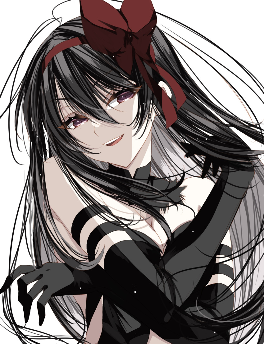 1girl akemi_homura akuma_homura bare_shoulders black_hair gloves hair_between_eyes hair_ribbon highres long_hair looking_at_viewer mahou_shoujo_madoka_magica mahou_shoujo_madoka_magica:_hangyaku_no_monogatari misteor open_mouth purple_eyes ribbon smile solo upper_body white_background