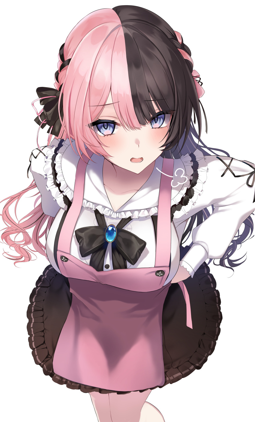 1girl absurdres apron argule0901 black_bow black_hair blouse blue_eyes bow braid breasts collar commentary_request foreshortening french_braid frilled_collar frills from_above hair_bow highres large_breasts long_hair long_sleeves looking_at_viewer multicolored_hair open_mouth pink_apron pink_bow pink_hair shirt sigh simple_background solo split-color_hair tachibana_hinano_(vtuber) two-tone_hair very_long_hair virtual_youtuber vspo! white_background white_shirt