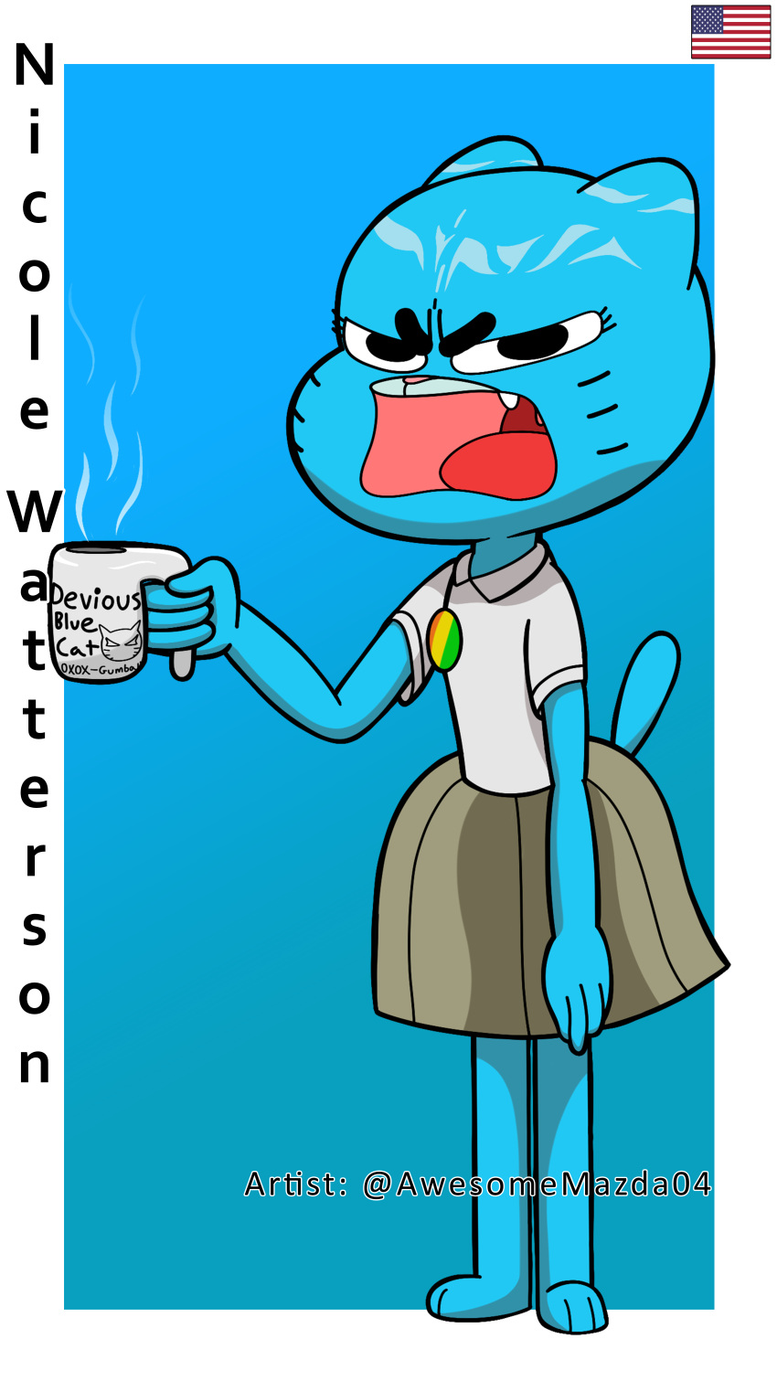 9:16 absurd_res annoyed anthro awesomemazda04 blue_body blue_tail bottomwear cartoon_network clothing container cup domestic_cat felid feline felis female hi_res holding_container holding_cup holding_object looking_at_viewer mammal mug nicole_watterson open_mouth shirt skirt solo tail teeth the_amazing_world_of_gumball topwear white_clothing white_shirt white_topwear