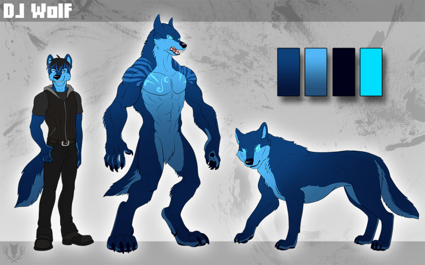 anthro belt blue_body blue_fur blue_hair bottomwear clothed clothing dj_wolf feral footwear fur hair hoodie male model_sheet nude pants short_sleeve_hoodie solo topwear vallhund