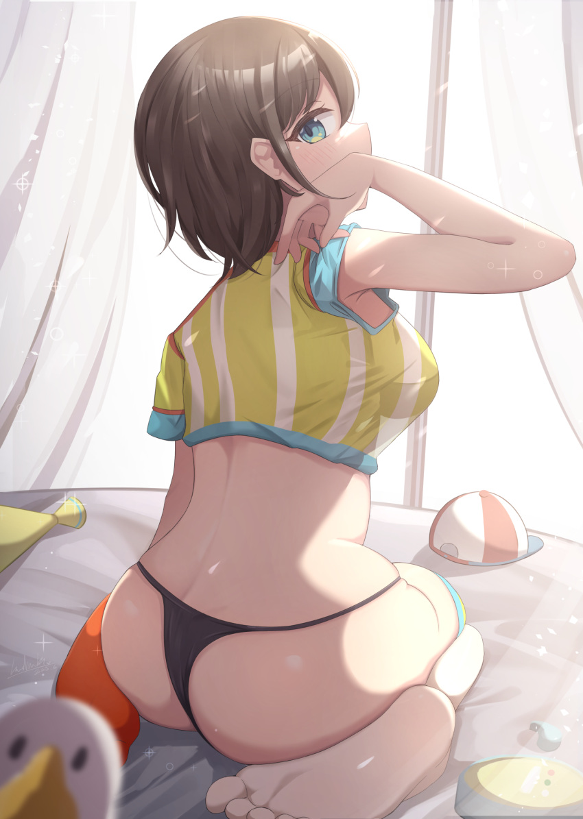 1girl ass asymmetrical_legwear back baseball_cap black_panties blue_eyes breasts brown_hair clothes_lift curtains hand_up hashira_14 hat headwear_removed highres hololive large_breasts looking_at_viewer looking_back megaphone mismatched_legwear no_pants on_bed oozora_subaru oozora_subaru_(1st_costume) orange_thighhighs panties see-through see-through_shirt shirt shirt_lift sitting soles solo sparkle stopwatch striped striped_shirt subaru_duck thighhighs underwear vertical-striped_shirt vertical_stripes virtual_youtuber wariza whistle white_shirt white_thighhighs window yellow_shirt