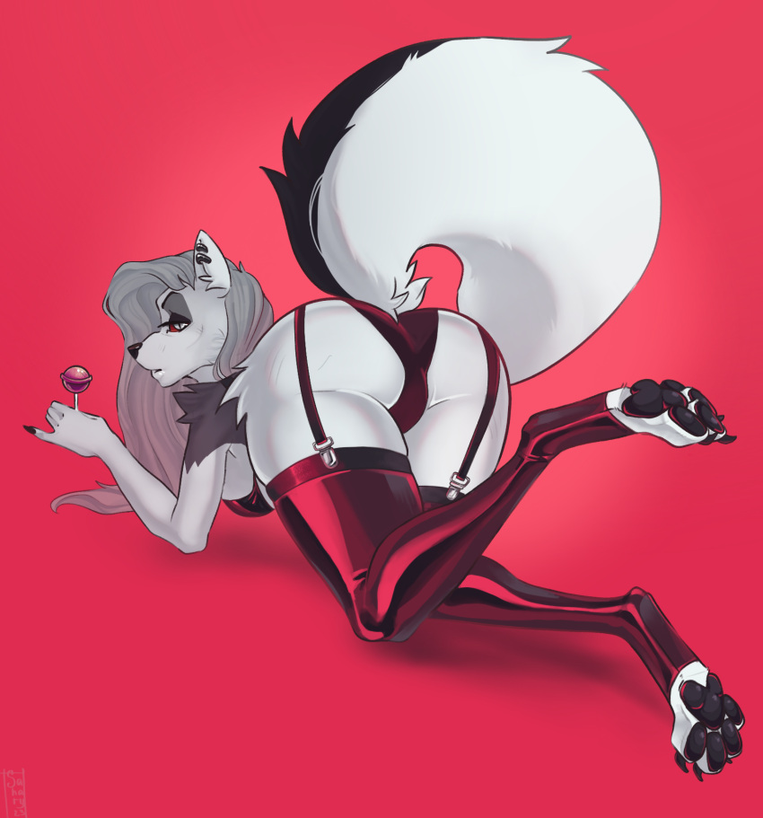 anthro bra breasts butt candy canid canine canis claws clothed clothing demon dessert digital_media_(artwork) ear_piercing feet female food fur hair helluva_boss hi_res invalid_tag legwear licking lingerie lollipop looking_at_viewer loona loona_(helluva_boss) mammal panties pawpads paws piercing sahary sex shaded simple_background solo stockings thigh_highs toes tongue tongue_out topwear underwear white_body white_fur wolf