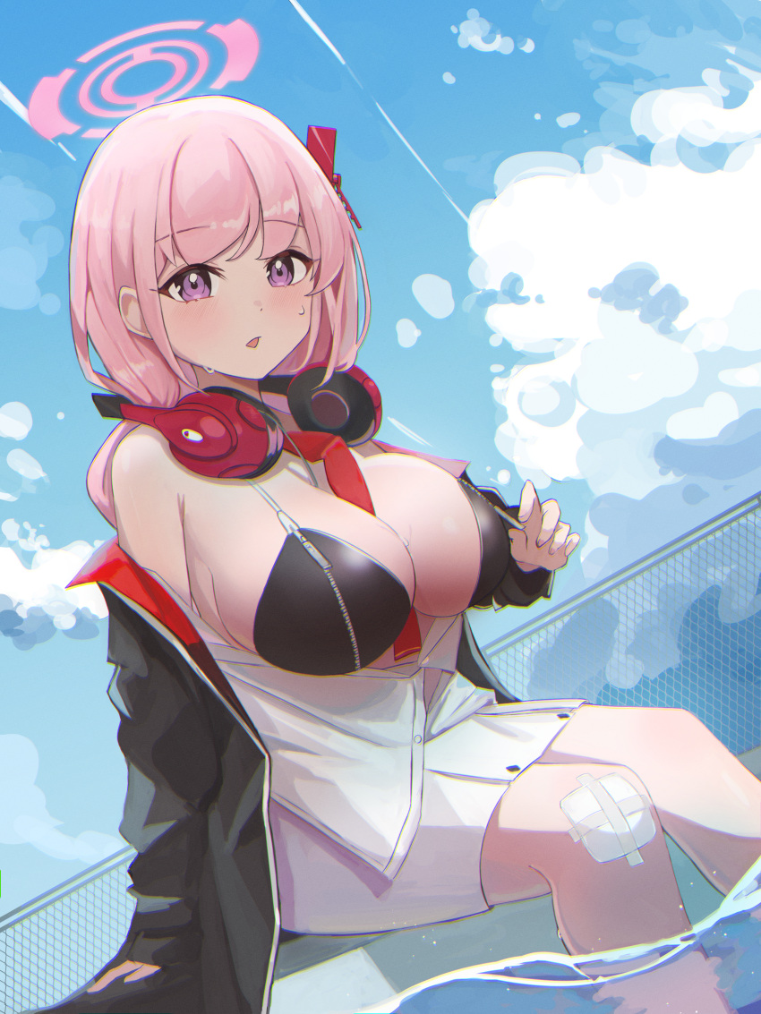 1girl absurdres bandage_on_knee bare_shoulders between_breasts bikini black_bikini black_jacket blue_archive blue_sky breasts chain-link_fence cleavage cloud cloudy_sky commentary eimi_(blue_archive) fence hair_ornament halo hand_up headphones headphones_around_neck highres jacket large_breasts looking_at_viewer mechanical_halo neckerchief neckerchief_between_breasts nez_(nez_0_0) off_shoulder open_clothes open_jacket open_mouth partially_unbuttoned pink_hair pink_halo poolside purple_eyes red_headphones red_neckerchief shirt short_hair sitting skirt sky solo swimsuit wet_face white_shirt white_skirt zipper_bikini