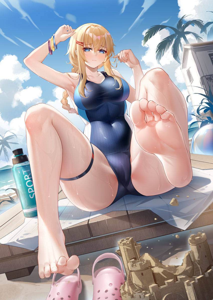 1girl absurdres arm_up armpits bare_arms bare_legs bare_shoulders barefoot blonde_hair blue_eyes blue_one-piece_swimsuit breasts feet g3_(girls'_frontline) girls'_frontline highres looking_at_viewer one-piece_swimsuit ponytail pool school_swimsuit soles split spread_legs stardust_(chen'ai_weiding) swimsuit toes