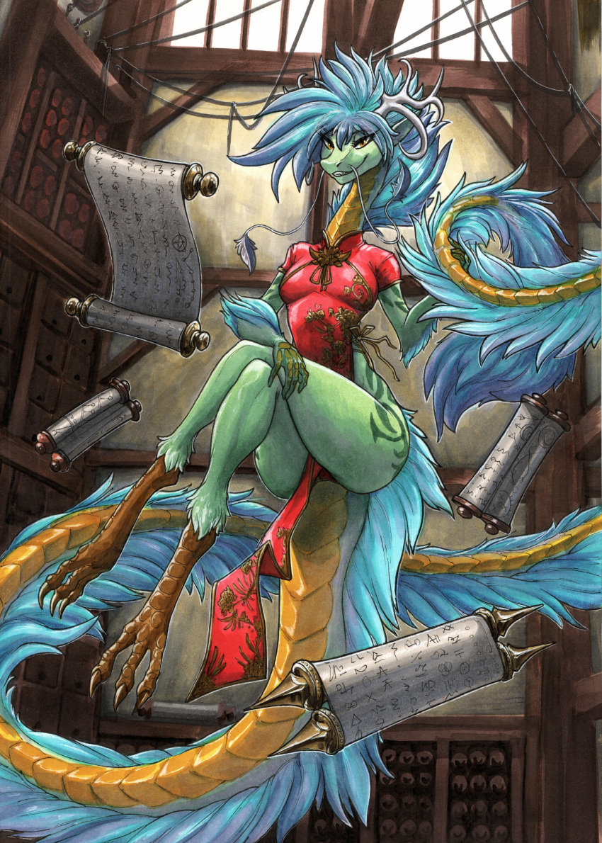 2023 3_toes 5_fingers absurd_res anthro antlers asian_clothing barbel_(anatomy) biped blue_hair chinese_clothing chinese_dress clothing detailed_background dragon dress east_asian_clothing eastern_dragon ewgengster_(artist) feet female fingers flesh_whiskers fur fur_markings green_body green_fur hair hi_res horn library long_tail looking_at_viewer markings red_clothing red_dress scroll solo tail toes traditional_media_(artwork) yellow_eyes