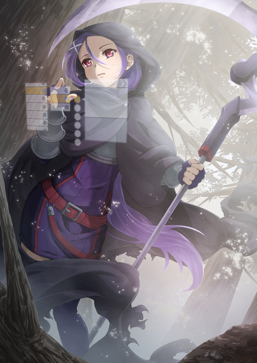 1girl absurdres belt belt_buckle black_cape buckle cape dress fingerless_gloves floating_hair gloves hair_between_eyes hair_ornament head_tilt highres holding holding_scythe hood hood_up hooded_cape long_hair mito_(sao) oboro_neko open_mouth outdoors ponytail purple_dress purple_gloves purple_hair purple_thighhighs red_belt red_eyes scythe short_dress solo standing sword_art_online thighhighs very_long_hair x_hair_ornament