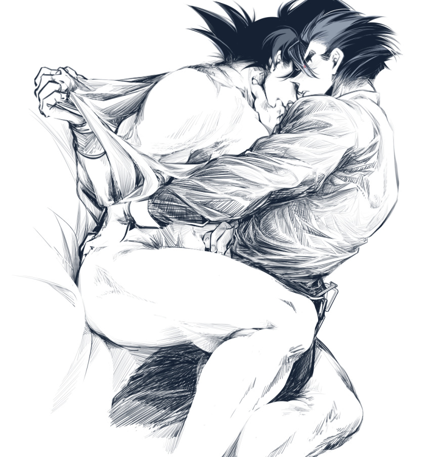 2boys ass bara bed bottomless dragon_ball dragon_ball_super father_and_son finger_to_another's_mouth greyscale highres incest large_pectorals lying male_focus monochrome multiple_boys muscular muscular_male naked_shirt on_back on_bed open_clothes open_shirt pants pectorals powersalad2022 shirt short_hair son_gohan son_goku spiked_hair thick_thighs thighs wristband yaoi