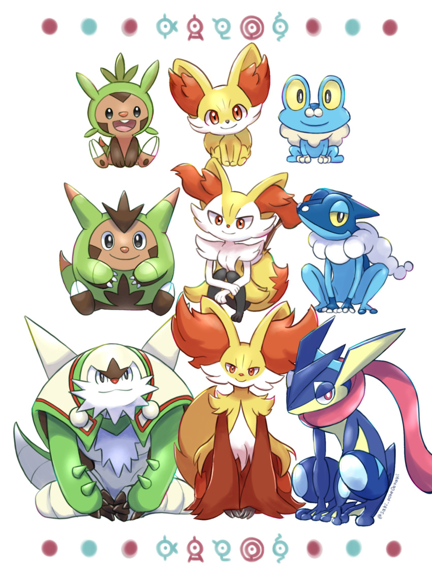 2022 ambiguous_gender anthro blue_body blue_skin braixen chesnaught chespin claws delphox evolutionary_family fennekin feral froakie frogadier front_view fur generation_6_pokemon green_body greninja group hi_res looking_at_viewer nintendo pokemon pokemon_(species) quilladin saki_pokeoekaki simple_background sitting smile starter_trio trio white_background yellow_body yellow_fur yellow_sclera