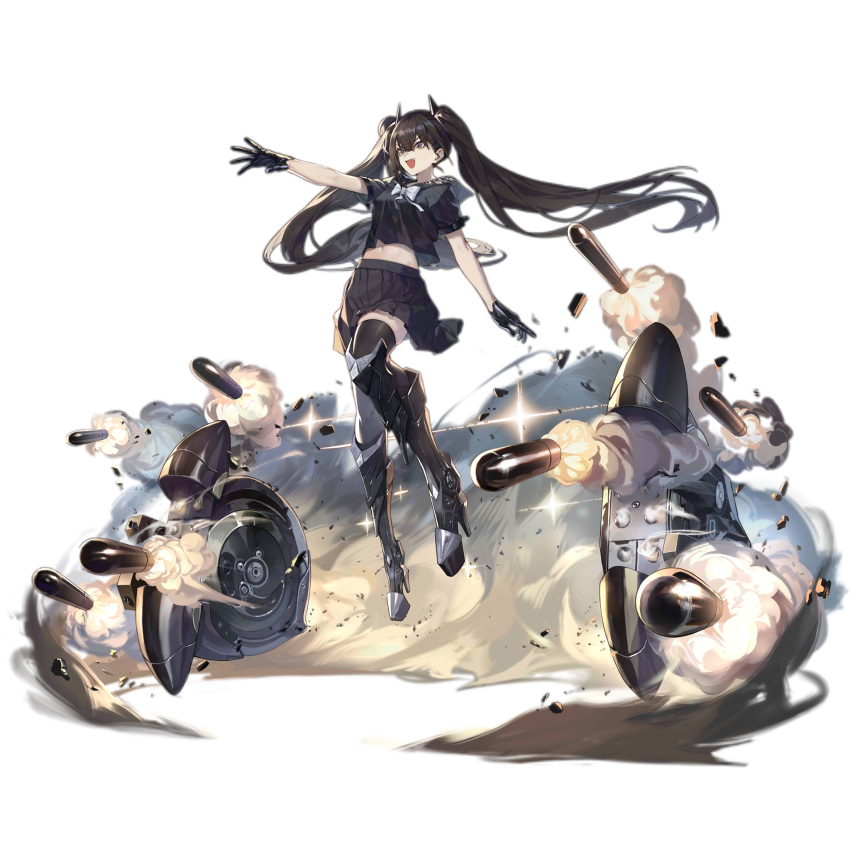 1girl armored_boots black_footwear black_gloves black_hair black_sailor_collar black_serafuku black_shirt black_skirt black_thighhighs boots bow bowtie breasts crop_top fang firing floating floating_hair full_body girls'_frontline gloves hair_bun high_heel_boots high_heels highres horns knee_boots long_hair medium_breasts midriff miniskirt missile navel official_art open_hands open_mouth ouroboros_(girls'_frontline) outstretched_arm platform_boots platform_footwear platform_heels pleated_skirt sailor_collar sangvis_ferri school_uniform serafuku shirt short_sleeves simple_background single_hair_bun skirt smile smoke solo sparkle thighhighs transparent_background twintails v-shaped_eyebrows very_long_hair weapon white_bow white_bowtie xiao_qiang_sang zettai_ryouiki
