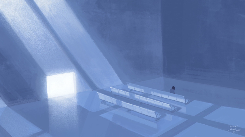 1girl bench black_hair blue_theme dated highres indoors long_hair nothingblues_yuki original signature sitting solo