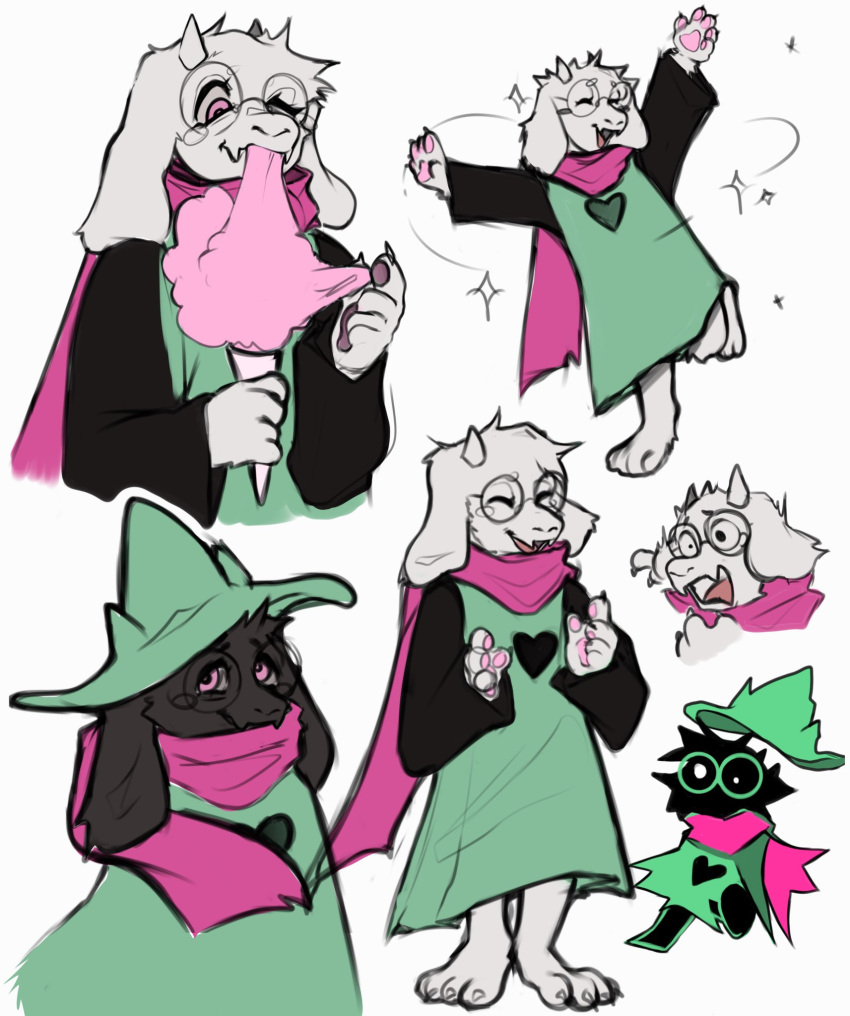 &lt;3 2022 anthro bovid candy caprine clothing cotton_candy deltarune dessert eyewear food glasses goat hat headgear headwear hi_res horn lunarkyoz male mammal multiple_poses pose ralsei robe round_glasses scarf simple_background solo standing undertale_(series) white_background witch_hat