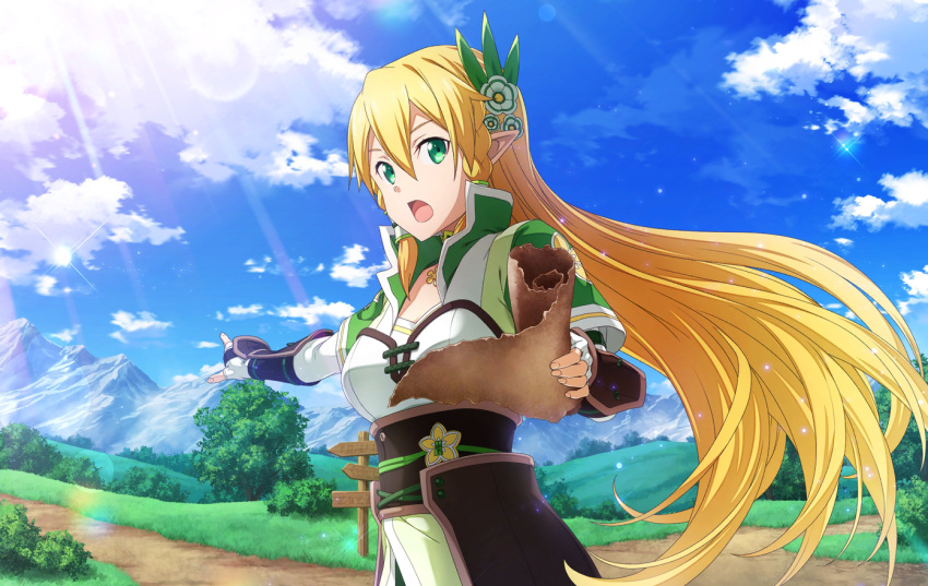 1girl alternate_costume alternate_hairstyle armor blonde_hair blue_sky cloud day faulds fingerless_gloves floating_hair gloves green_eyes hair_between_eyes holding lisbeth_(sao) long_hair looking_at_viewer outdoors outstretched_arm pointy_ears sky solo sunlight sword_art_online underbust very_long_hair white_gloves