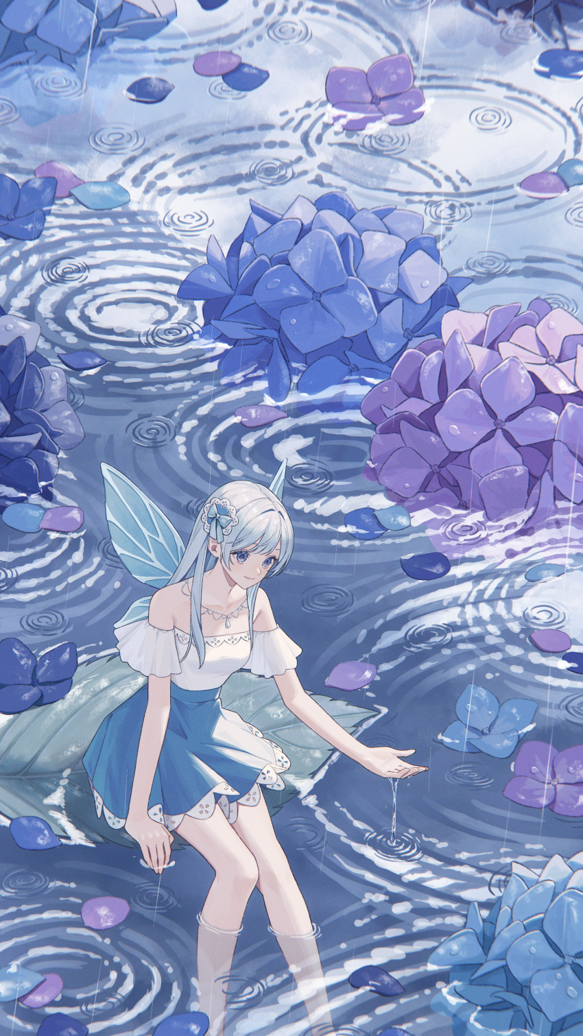 absurdres aqua_eyes aqua_hair blue_dress detached_sleeves dress fairy fairy_wings flower hair_between_eyes hair_ornament highres hydrangea mini_person minigirl off_shoulder original rain suisui_41 wings