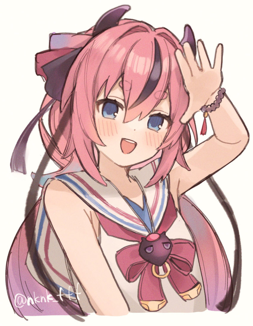 1girl arm_up bead_bracelet beads black_hair blue_eyes bow bowtie bracelet brooch commentary_request cropped_torso dress gradient_hair hair_intakes highres hikimayu horns jewelry long_hair looking_at_viewer low_twintails meika_hime multicolored_hair open_mouth pink_bow pink_bowtie pink_hair purple_hair sailor_collar salute simple_background sleeveless sleeveless_dress smile solo streaked_hair tananuki twintails twitter_username vocaloid watermark white_background white_dress white_sailor_collar