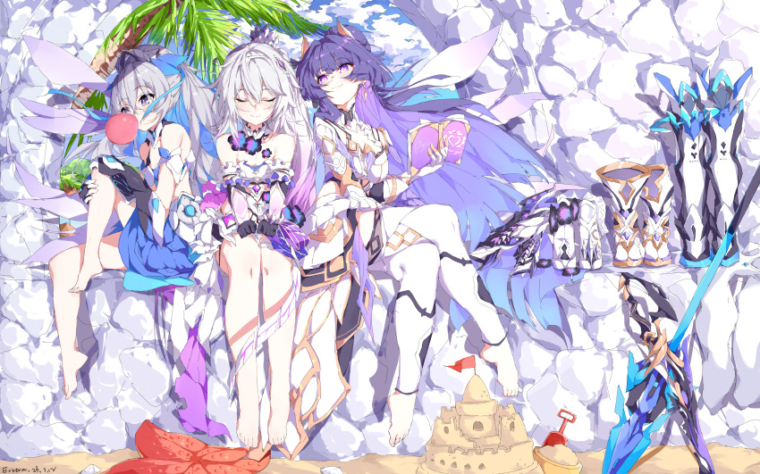 3girls absurdly_long_hair absurdres ahoge bare_shoulders barefoot beach book boots bronya_zaychik bronya_zaychik_(herrscher_of_truth) bubble_blowing bucket closed_eyes closed_mouth crossed_legs dress full_body grey_eyes grey_hair guaili_shu hair_ornament highres holding holding_book honkai_(series) honkai_impact_3rd kiana_kaslana kiana_kaslana_(herrscher_of_finality) long_hair multiple_girls no_shoes outdoors planted planted_spear planted_sword polearm ponytail purple_eyes purple_hair raiden_mei raiden_mei_(herrscher_of_origin) sand sand_castle sand_sculpture shoes shoes_removed shovel sitting spear sword toes very_long_hair weapon white_dress white_footwear white_hair