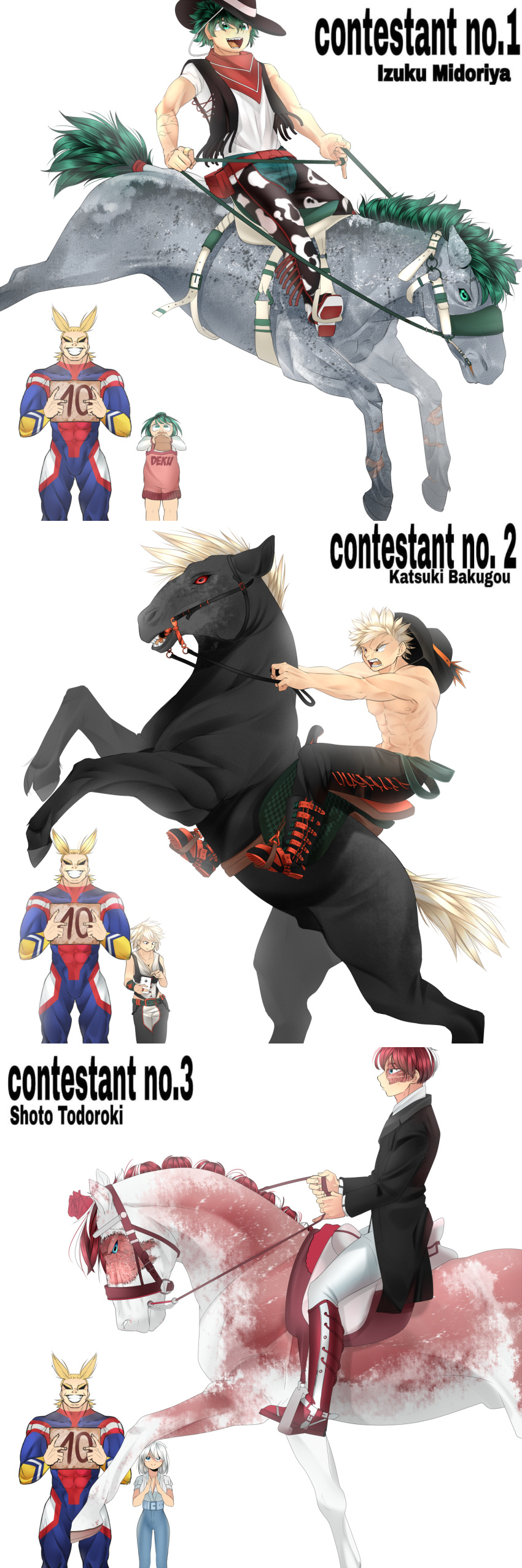 absurd_res ambiguous_gender background_character blue_eyes bridle byemyfriends chaps clothing contest contestant cowboy_hat equid equine female feral green_eyes hat headgear headwear hi_res horse horse_ride human izuku_midoriya katsuki_bakugou male mammal my_hero_academia red_eyes rodeo saddle sign simple_background text todoroki_shouto white_background