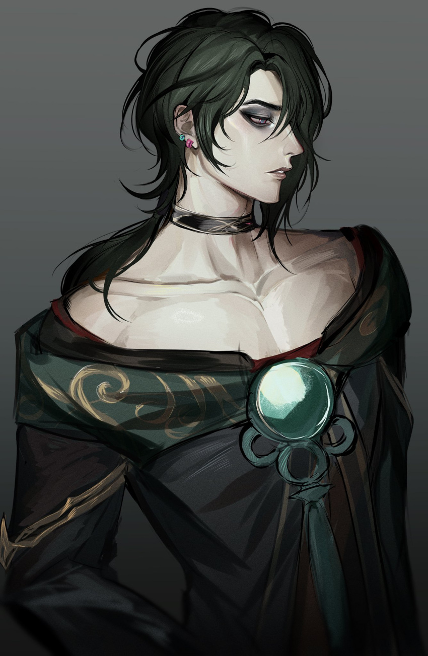 1boy black_eyeshadow black_hair collarbone earrings expressionless eyeshadow grey_background highres hwei_(league_of_legends) jewelry league_of_legends long_hair looking_ahead makeup male_focus parted_lips ponytail purple_eyes simple_background solo swept_bangs upper_body zyrophin